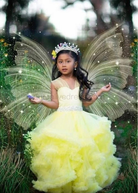 Yellow Tulle Ruffled Flower Girl Dress With Rhinestones Belt